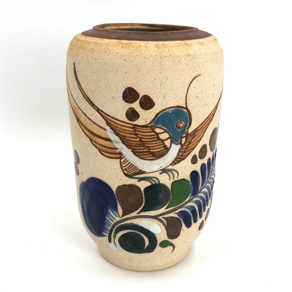 Mexico Folk Art Pottery Tonala Vase Hand Painted Bird Ceramic Sandstone
